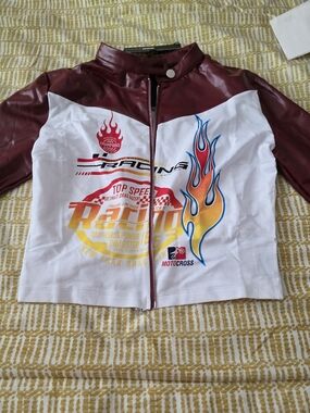 Fashion Nova White & Burgundy Racing Flame Zip-Up Jacket